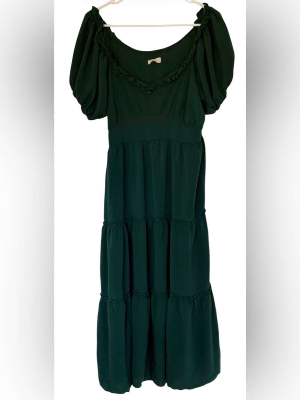 DGMYG Hunter Green Tiered Peasant Puffed Sleeve Ruffle  Midi Boho Dress SzL